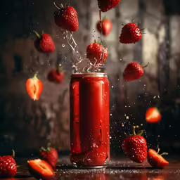 a can full of strawberries falling into the water