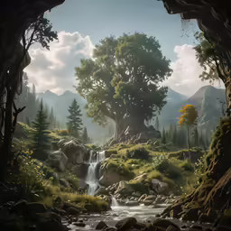a landscape with rocks and trees, creek, mountains, water and stream