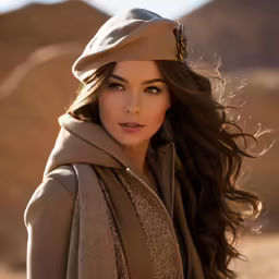 the beautiful woman is posing in the desert wearing a hat and coat