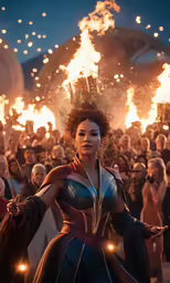 a woman is in costume standing in front of a crowd