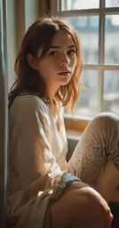 a girl in a white top is looking out of a window