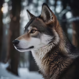 a wolf is sitting in the snow near trees