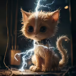 a cat with large eyes and lightning in the background