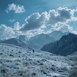 the view from a hill shows snow capped mountains and clouds
