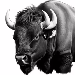 a bison with large horns standing in the snow