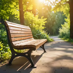 a wooden bench sits in the middle of the park