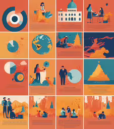 a collage of illustrated pictures featuring various people,graphic artwork on the theme of an interactive work