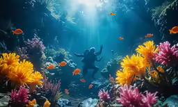 a person is diving with fish in the water