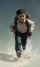 there is a young girl running across the sand