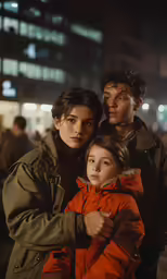 people standing on the sidewalk at night and one holds the other