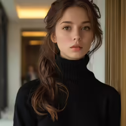 a girl with long hair, wearing a black sweater