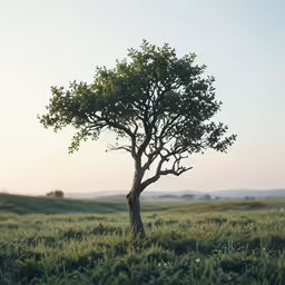a large tree with no leaves stands alone in the middle of nowhere