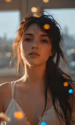 a woman with wet hair standing in a room