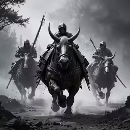a number of horses in uniforms with horns