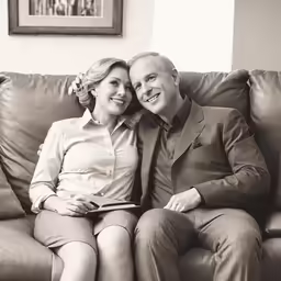 a man and woman are smiling on a couch