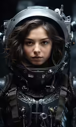 a girl dressed as a robot stands in the dark