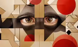 an abstract picture of two eyes and various geometric shapes