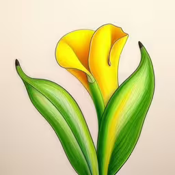 a colored pencil drawing of yellow flowers with green leaves,two flowers drawn with colored pencils on paper,an illustration of yellow flower with leaves painted on a white wall,this drawing shows two flowers with green leaves on top,a drawing of flowers in a vase on the wall