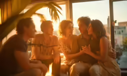 a group of friends are hugging in front of an open window