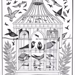 a black and white drawing of a birdcage,a drawing of a bird house with many birds in it