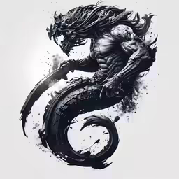 a man with an evil body and two horns, holding a snake