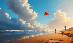 a kite flying in the air on a beach next to water