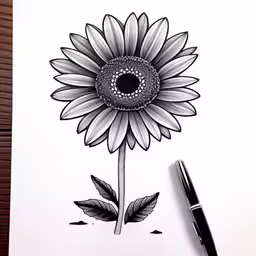 a drawing of a sunflower with a diamond encrosing its center,a drawing of a flower on a piece of paper