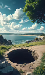 a view of the ocean and an island from inside of a hole