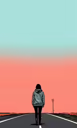 a person walking down a road near the sky