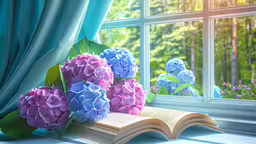 the book is open on a ledge in front of some flowers,the book is opened and on the table near flowers