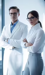 two people in business attire standing next to each other