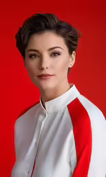 woman in white and red shirt posing for a picture
