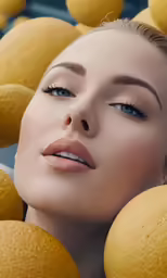 a woman surrounded by lemons with her face between them