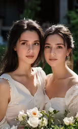 two young women with a bouquet of flowers in their hands