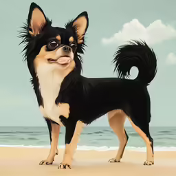 an animal with black fur and brown ears standing on beach
