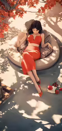 woman with red dress sitting on an inflatable sofa