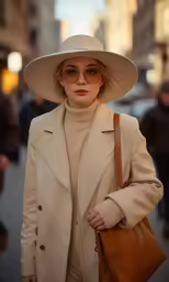 a woman is walking in the street wearing sunglasses and a large white hat