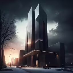 a large tall black building next to trees in the night