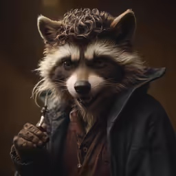 a racoon with a coat on holding an old style pipe