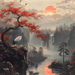 painting of birds on the rock cliff above a river and waterfall,there is a painting that appears to be an oriental landscape