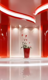 a plant in a tall red pot sitting on the floor
