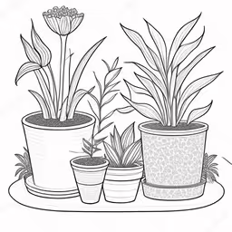 three potted plants on a white background,three potted plants line art drawing