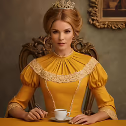 a woman in yellow dress sitting at a table with coffee