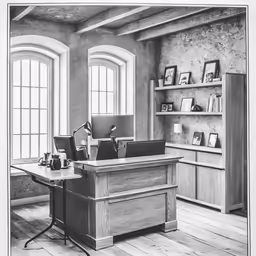 the room has windows, a book case and a desk in it