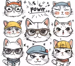 cats wearing different hats, glasses and baseball caps