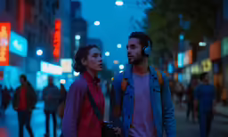 two people walking along a street with earphones on