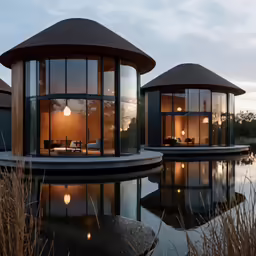 three round huts in a glass walled pond house
