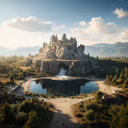 a landscape view of a pond in the middle of mountains