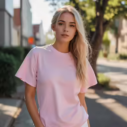 a woman standing in the street with her hands in her pockets