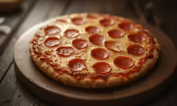 a pepperoni pizza that is on a wooden surface